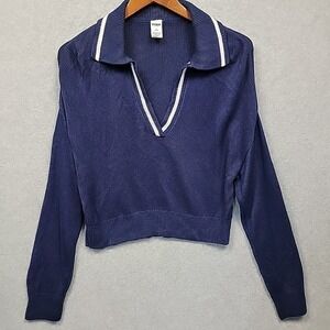 VS PINK Cambridge Knit Polo Crop Sweater Women's Size M Navy Blue White Soft EUC